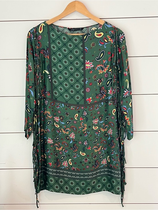 Zara Dresses & Skirts - Zara Woman Fringe Green Patterned Dress /western/coastal cowgirl/patchwork
